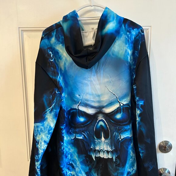 Men’s Heavyweight Blue Flaming Skull Hoodie Size 3XL - Picture 3 of 4
